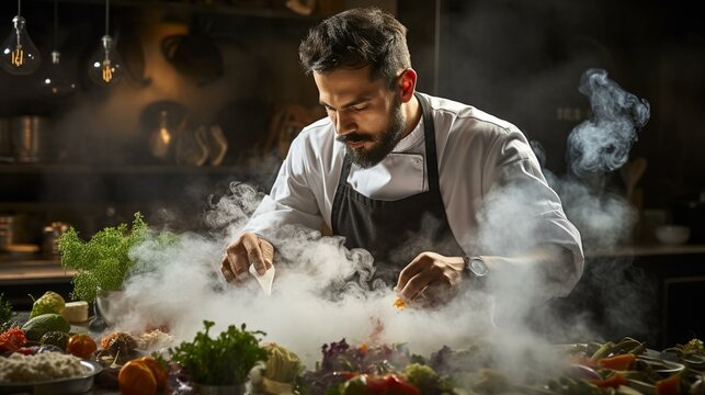 A chef infusing flavors into a dish with a cloud of aromatic smoke,[chef]