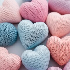 Knitted hearts in pastel colors closeup background detail Generative AI