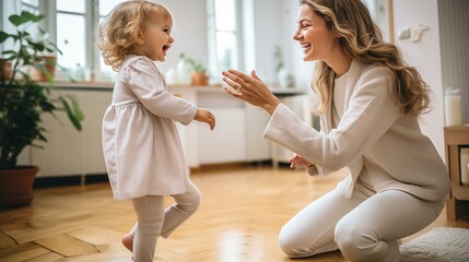 A mother and child dancing together in the living room, expressing the joy of spontaneous moments,[joy of motherhood]