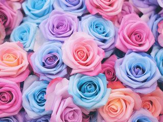 Close-up of a bouquet with an assortment of roses in soft pastel rainbow hues.