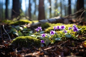 Forest floor covered in wild violets, soft natural light, serene setting