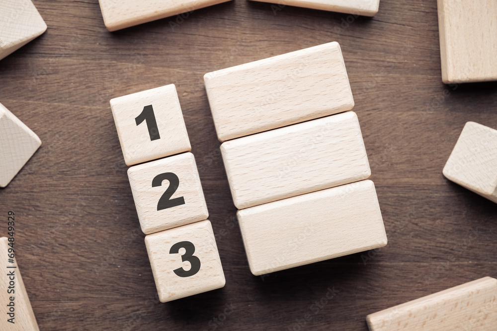 Aufkleber number one, two, and three arranged in a row with wooden blocks, 123 step process, instrcutions, tip