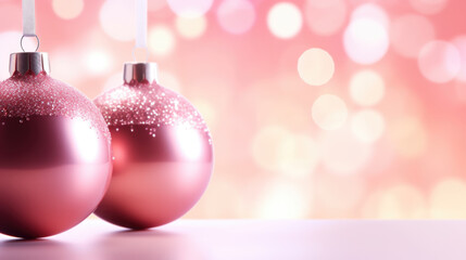 Two pink Christmas baubles adorned with glitter hang elegantly against a bokeh light background.