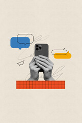 Vertical creative composite artwork photo iphone collage of arm holding smartphone write messages...