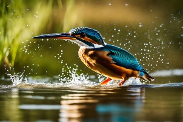 Female Kingfisher emerging from the water after an unsuccessful dive to grab a fish. Taking photos of these beautiful birds is addicitive now I need to go back again - obrazy, fototapety, plakaty
