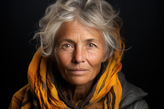 Generative AI image of a senior Caucasian woman with striking blue eyes and gray hair, wrapped in a scarf standing looking at camera against black background