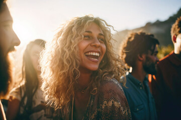 Generative AI image of joyful friends at golden hour