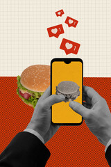 Vertical creative collage picture vintage effect photo unhealthy burger dinner calories like popular post social media banner