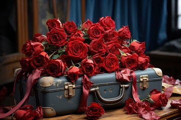 Red roses scattered on a vintage suitcase, engagement, wedding and anniversary image