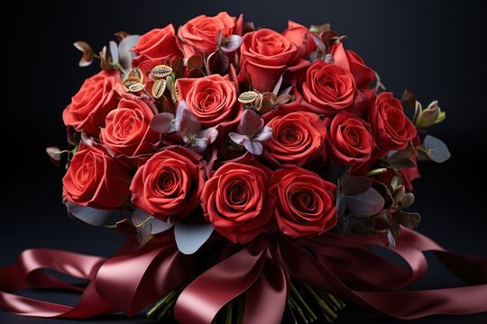 A stunning bouquet of passion filled red roses bound with a silk ribbon, engagement, wedding and anniversary image