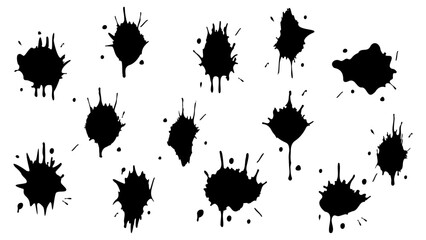 Set of Ink blots. Abstract stains with drops and splashes. Black paint splatter. Vector illustration isolated on a white background. Liquid dirty inkblots. Grunge texture. Design elements.