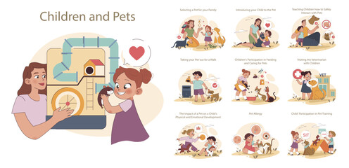 Children and Pets set. Bonding moments and daily routines with family pets. Educational interactions, responsible pet care practices.