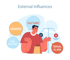 Consumer behavior. Purchase journey. Man evaluates societal factors like gender, culture, and social class that influence consumer choices and preferences. Flat vector illustration