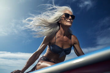 Generative AI image of elegant senior surfer woman enjoying the sun