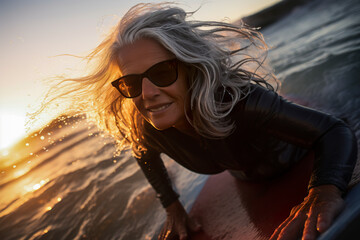 Generative AI image of joyous surfer mature woman catching waves at sunset