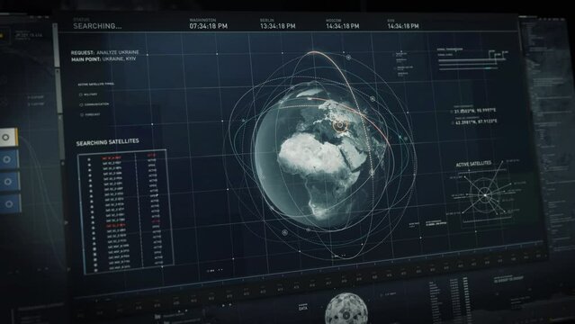 Global search system is analyzing the map of the earth. Global analysis of the planet earth for satellite positions. Global analysis of the earth has identified the location of multiple satellites. UI