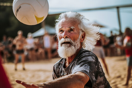 Generative AI image of an elderly man playing beach volleyball