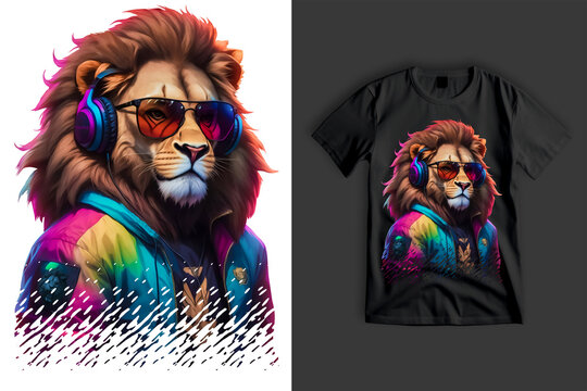 The King Has Arrived - Lion wearing sunglasses and colorful jacket and headphones Modern T-Shirt Design for DTF Print, Lion Clipart Design