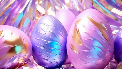 In the look of iridescent foil with shiny colors, an Easter egg arrangement