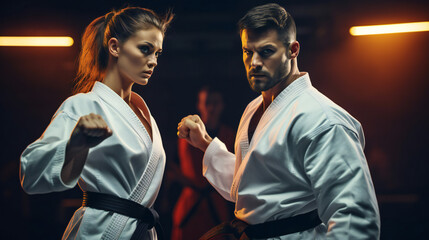 Man And Woman Are Practising Martial Arts Together 