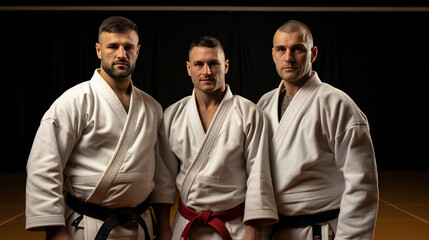 Three Men In Karate Gi Uniform  - obrazy, fototapety, plakaty