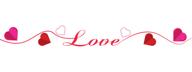 valentines day love calligraphy banner with red hearts isolated on transparent background