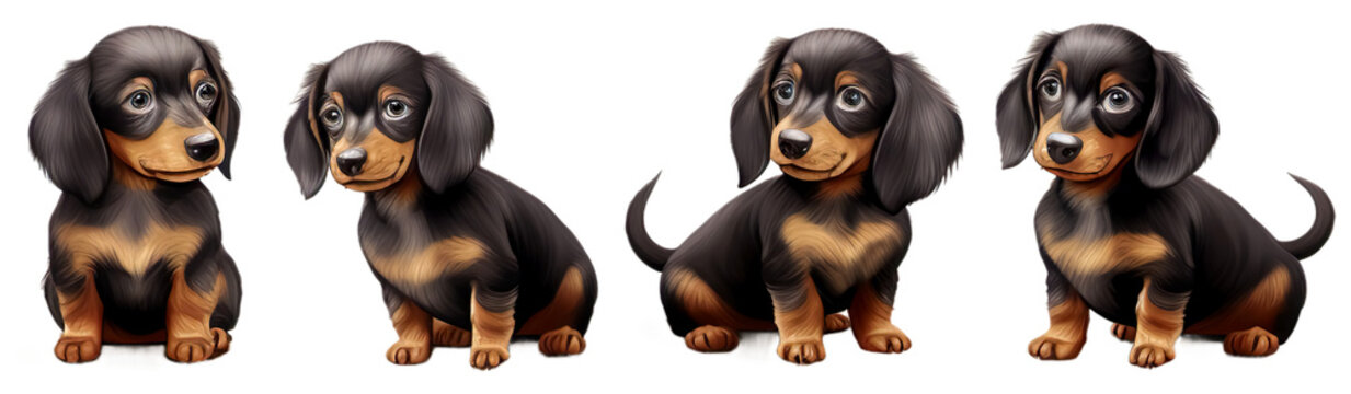 Set of baby dachshund dog  multi pose design illustrations, standing isolated on transparent or white background