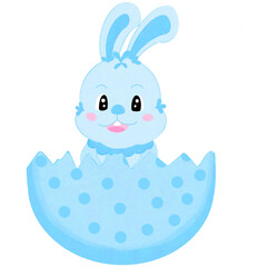 Happy Easter greeting card Cartoon illustration of a cute bright blue rabbit sitting in a blue polka dot broken eggshell.