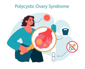 Polycystic ovary syndrome. Woman examining gynecology disease, magnifying an inflamed ovary, indicators of PCOS health condition. reproductive health awareness. Flat vector illustration