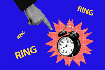 Creative collage picture illustration human hand point show alarm clock bell time deadline loud...