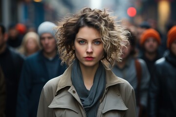 Woman confident walk amid busy city life, female empowerment image - obrazy, fototapety, plakaty