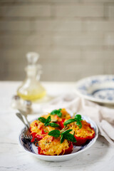 Baked bell peppers stuffed with spaghetti..selective focus