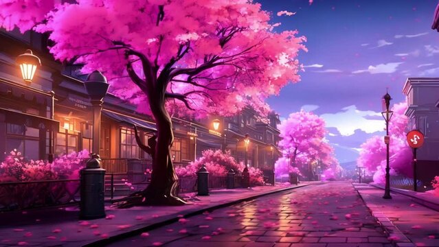 Enchanting night scene with vibrant pink cherry blossoms lining a quaint street, illuminated by street lamps.