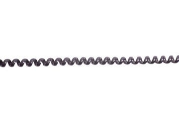 Black spiral telephone cord isolated on white background.