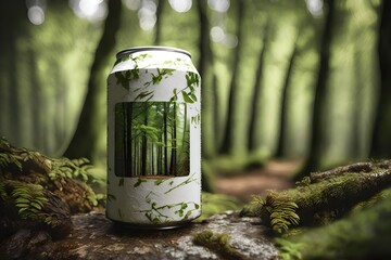 white beverage can with textured pattern design  in the woods , 33cl drink can presentation mockup - obrazy, fototapety, plakaty