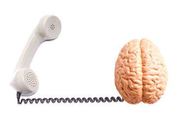 Telephone receiver with human brain anatomical model isolated on white background - obrazy, fototapety, plakaty