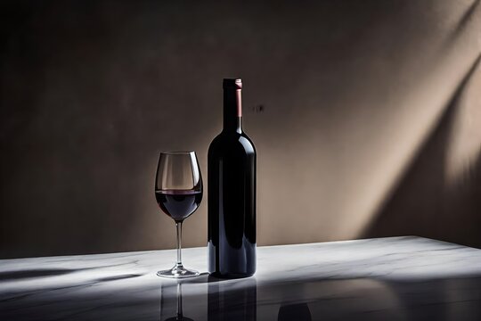 wine bottle presentation mockup , bottle and glass of wine on minimal marble background , advertising template