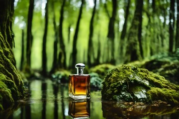 perfume bottle in a wild forest , cosmetics advertising template