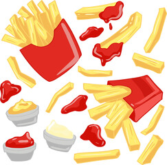 French fries set. Potato sticks in paper cones, ketchup, mayo, mustard sauces isolated on white. Vector illustration for fast food snack, street food concept