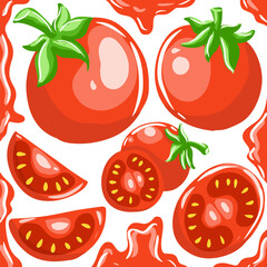 Cartoon chopped tomatoes, red vegetable slices. Tomato half, fresh red tomatoes slice, organic vegetables with yellow seeds flat vector illustration set. Chopped tomato collection