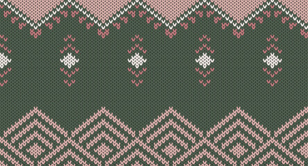 Oriental pink and green geomatric knitted pattern, Festive Sweater Design. Seamless Knitted Pattern