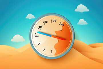 Illustration with round extreme heat thermometer on sand background for weather forecast