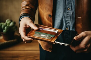 Person using smartphone for contactless payment near magnetic wallet with credit cards - obrazy, fototapety, plakaty