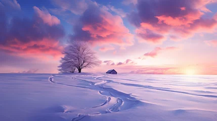 Foto op Canvas A mesmerizing winter evening landscape unfolds beneath a dramatic overcast sky. © Yusif