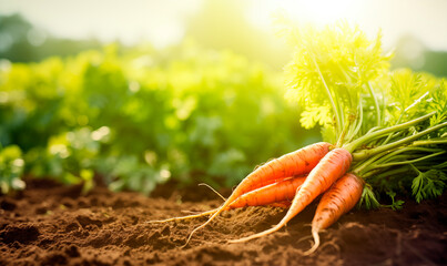 Fresh carrot in the farm field with copy space, close up