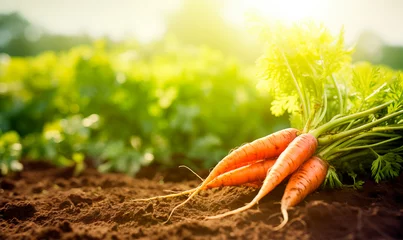 Keuken spatwand met foto Fresh carrot in the farm field with copy space, close up © xamtiw
