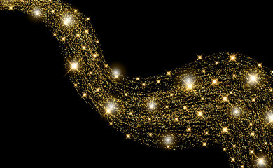 Vector shining gold background with glitter wave on a black background for Christmas celebration party, New Year card, wedding, bachelorette party, baby shower party, birthday, casino.