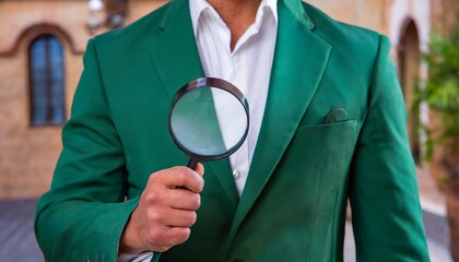 Detective on green suit solving a mystery. Jewel expert with magnifying glass