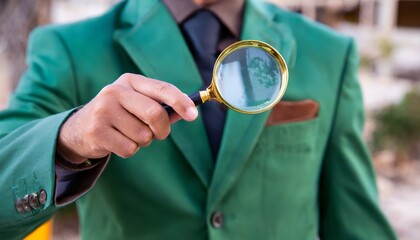 Detective on green suit solving a mystery. Jewel expert with magnifying glass