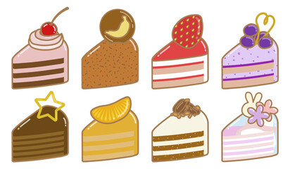 A Set of Cute Cake Pieces - Black Forest, Banana, Strawberry, Blueberry, Chocolate Fudge, Orange, Carrot, and Rainbow